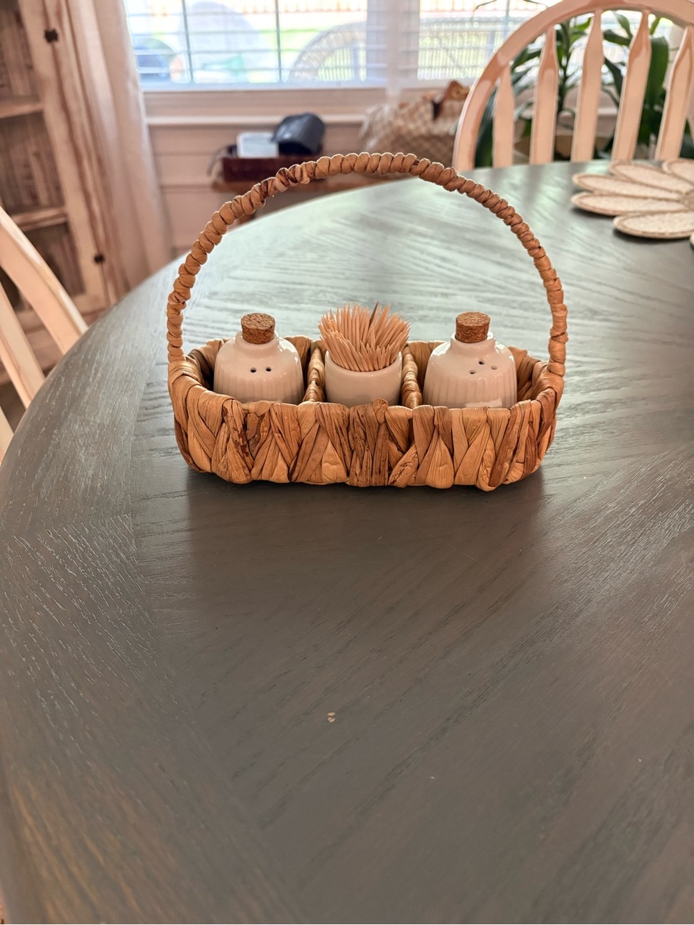 Mud Pie Woven Straw Toothpick & Salt Pepper Caddy - Natural/Tan
